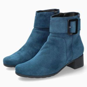 Mephisto $399 Gianina Peacock Blue Suede Side Zip Big Buckle Bootie Sz 10 NIB!